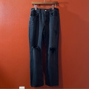 Nuuds Women’s The Straight Leg Black High Rise Distressed Button Fly Jeans